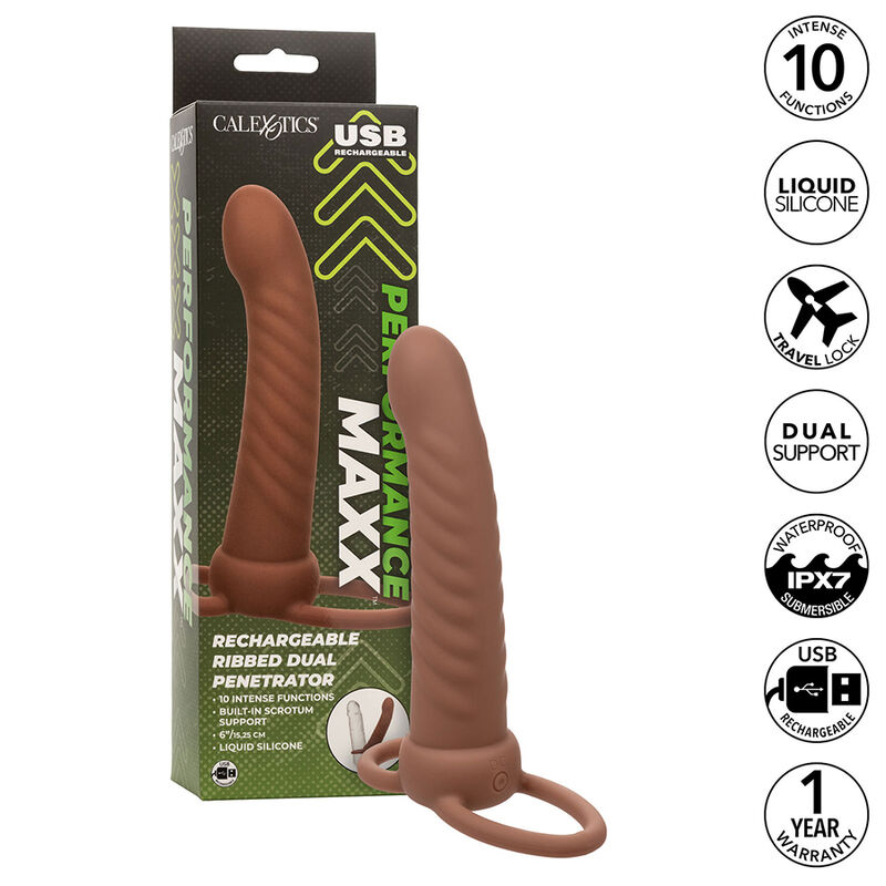 CALEXOTICS - MAXX RIBBED DOUBLE PÉNÉTRATEUR 10 VIBRATIONS MARRON – Image 2