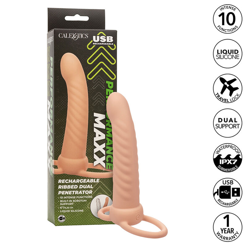 CALEXOTICS - MAXX DOUBLE PÉNÉTRATEUR NERVURÉ 10 VIBRATIONS FLESH – Image 2