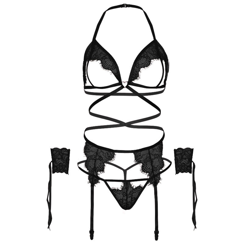 LEG AVENUE - ENSEMBLE QUATRE PIÈCES SOUTIEN-GORGE, STRING, PORTE-JARRETELLES ET POIGNETS TAILLE UNIQUE - NOIR – Image 5