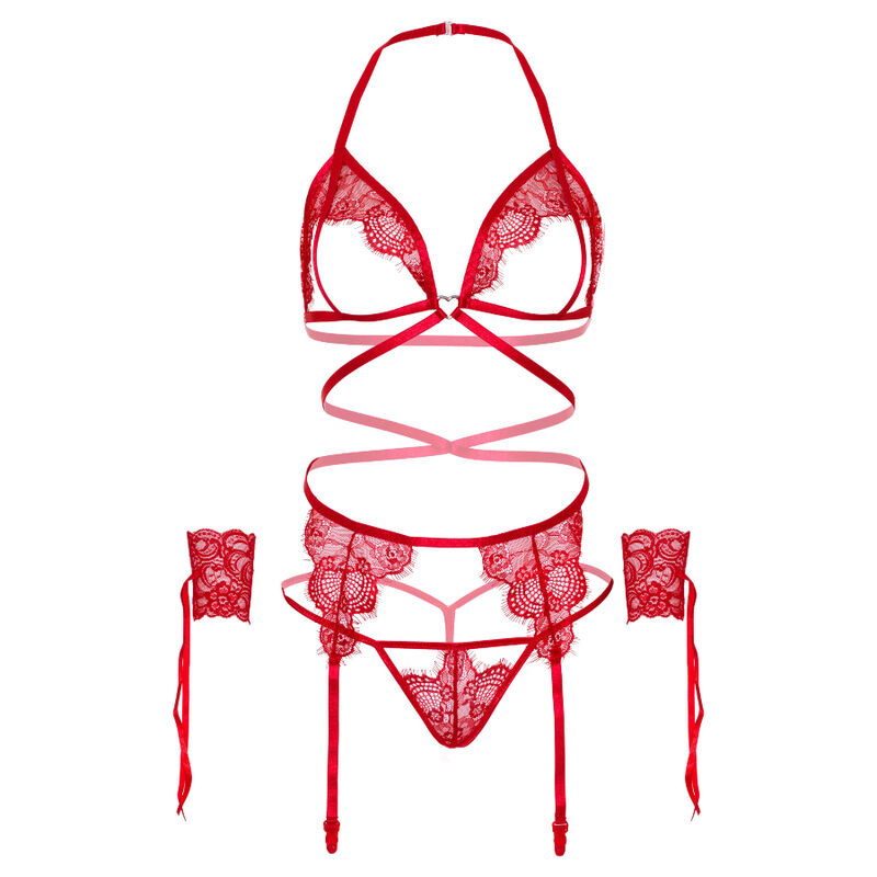LEG AVENUE - ENSEMBLE QUATRE PIÈCES SOUTIEN-GORGE, STRING, PORTE-JARRETELLES ET POIGNETS TAILLE UNIQUE - ROUGE – Image 5