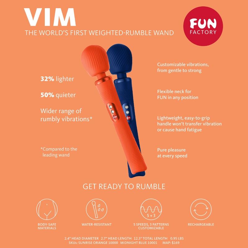 FUN FACTORY - VIM SILICONE RECHARGEABLE VIBRANT LESTÉ RUMBLE WAND SUNRISE ORANGE – Image 6