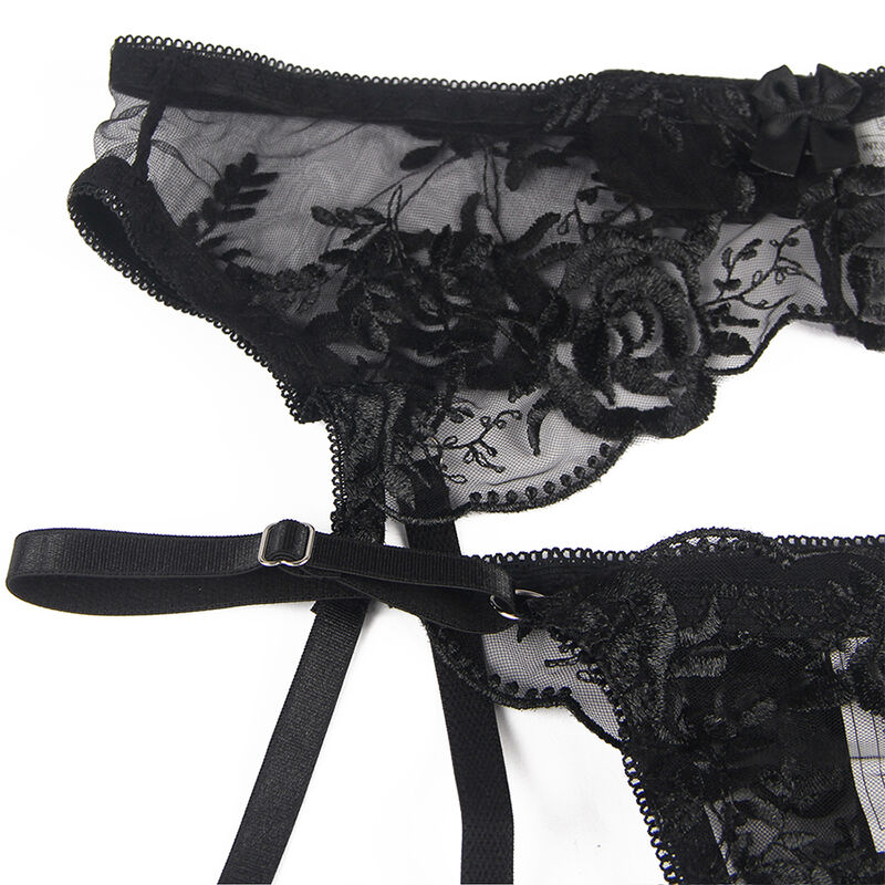 SUBBLIME - ENSEMBLE 3 PIÈCES SOUTIEN-GORGE + STRING + JARRETIÈRE IMPRIMÉ FLORAL NOIR S/M – Image 9