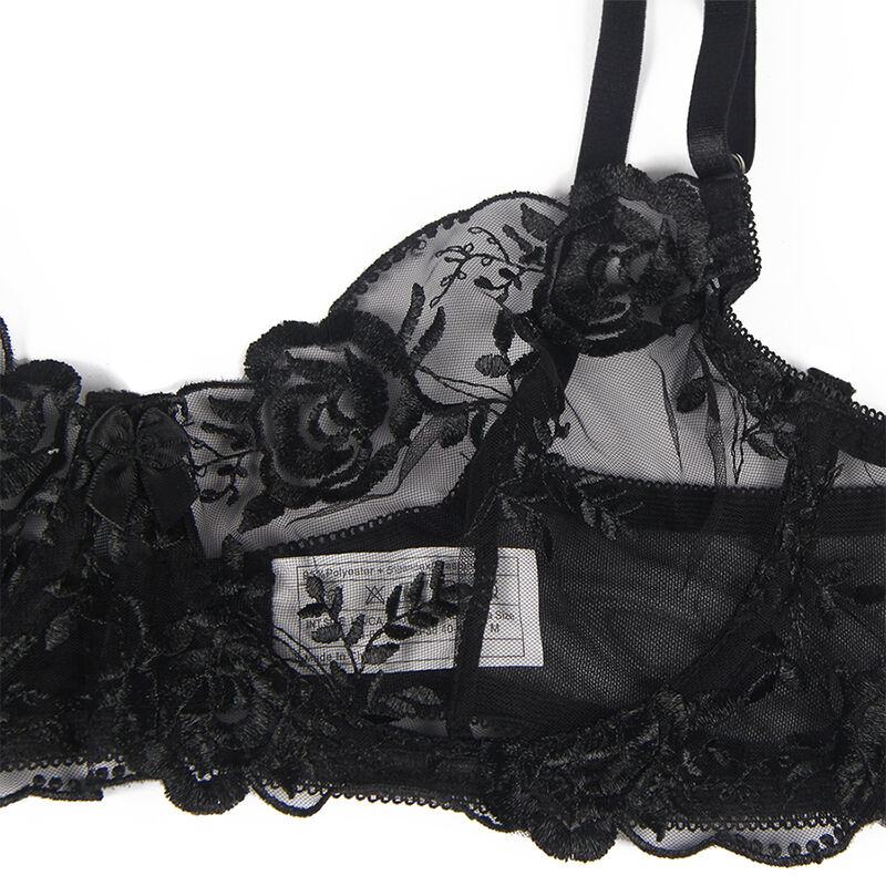 SUBBLIME - ENSEMBLE 3 PIÈCES SOUTIEN-GORGE + STRING + JARRETIÈRE IMPRIMÉ FLORAL NOIR S/M – Image 10