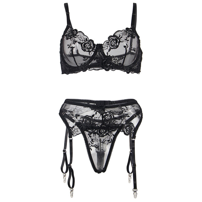 SUBBLIME - ENSEMBLE 3 PIÈCES SOUTIEN-GORGE + STRING + JARRETIÈRE IMPRIMÉ FLORAL NOIR S/M – Image 6