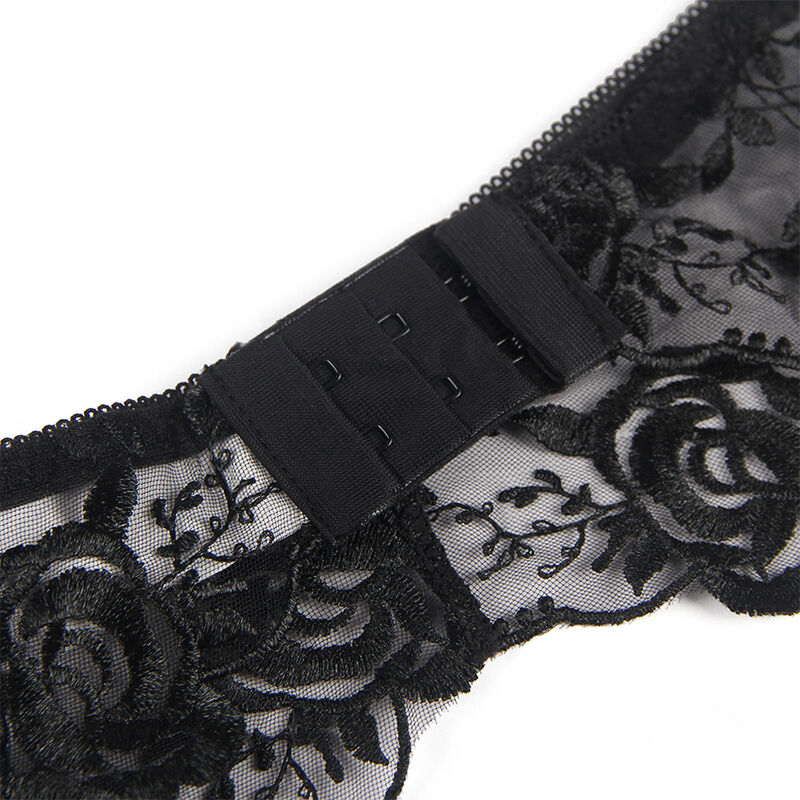 SUBBLIME - ENSEMBLE 3 PIÈCES SOUTIEN-GORGE + STRING + JARRETIÈRE IMPRIMÉ FLORAL NOIR S/M – Image 11