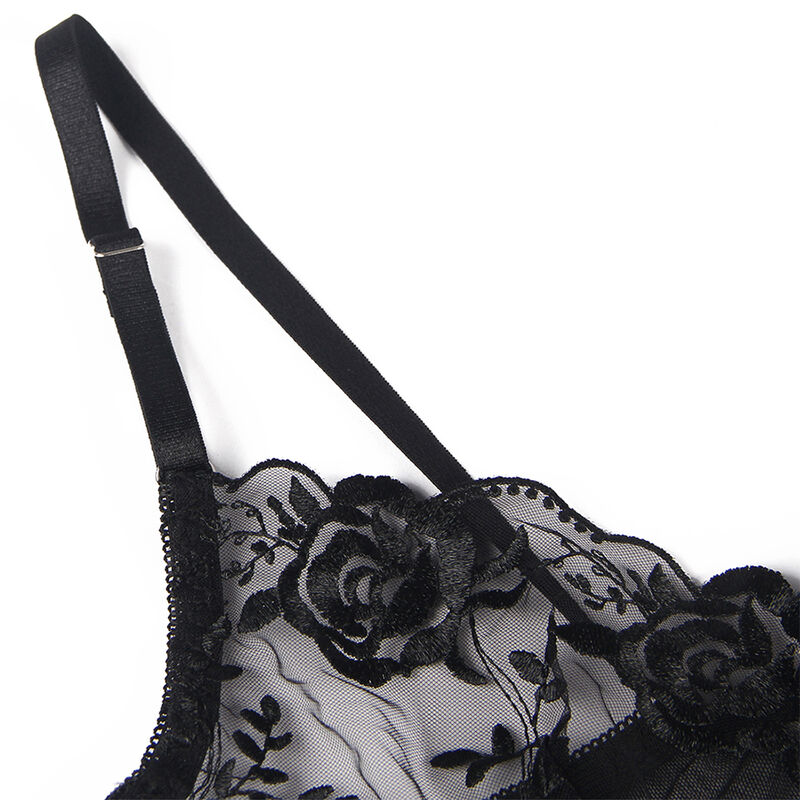 SUBBLIME - ENSEMBLE 3 PIÈCES SOUTIEN-GORGE + STRING + JARRETIÈRE IMPRIMÉ FLORAL NOIR S/M – Image 12