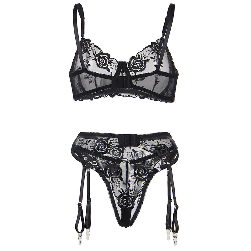 SUBBLIME - ENSEMBLE 3 PIÈCES SOUTIEN-GORGE + STRING + JARRETIÈRE IMPRIMÉ FLORAL NOIR S/M – Image 7