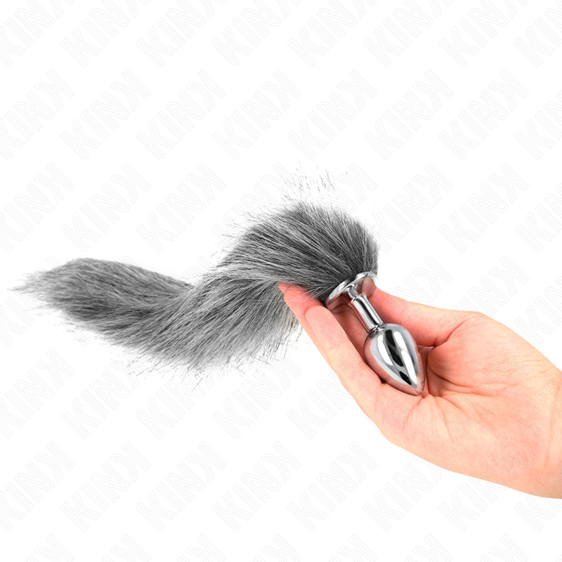 KINK - PLUG ANAL TAILLE S 7 X 3 CM AVEC QUEUE SYNTHÉTIQUE 40 CM GRIS – Image 3