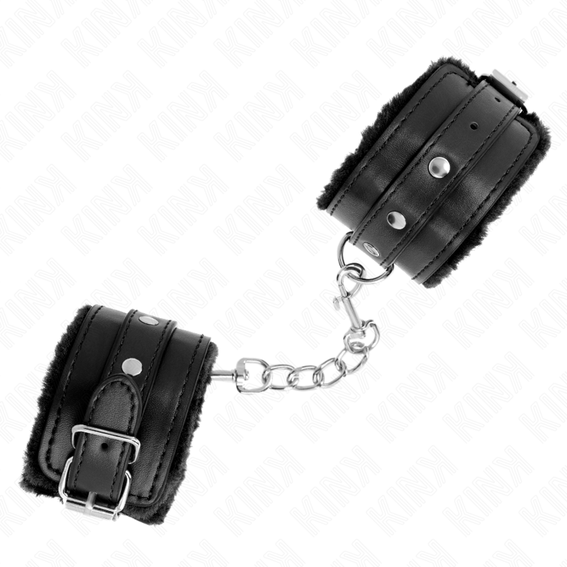 KINK - APPUI-POIGNETS DOUBLÉS DE FOURRURE PREMIUM NOIR AVEC CEINTURE NOIRE RÉGLABLE 17-29 CM X 6 CM – Image 2