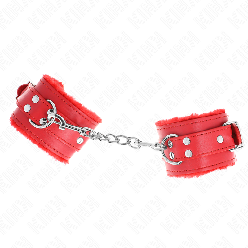 KINK - APPUI-POIGNETS DOUBLÉS DE FOURRURE ROUGE AVEC CEINTURE ROUGE RÉGLABLE 17-29 CM X 6 CM – Image 2