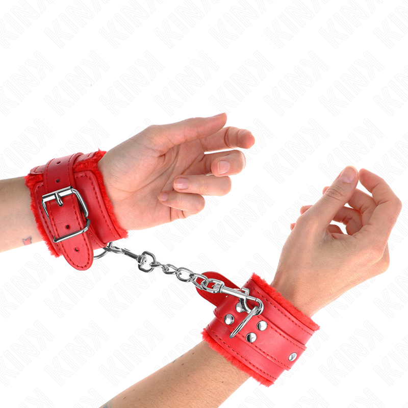 KINK - APPUI-POIGNETS DOUBLÉS DE FOURRURE ROUGE AVEC CEINTURE ROUGE RÉGLABLE 17-29 CM X 6 CM – Image 3