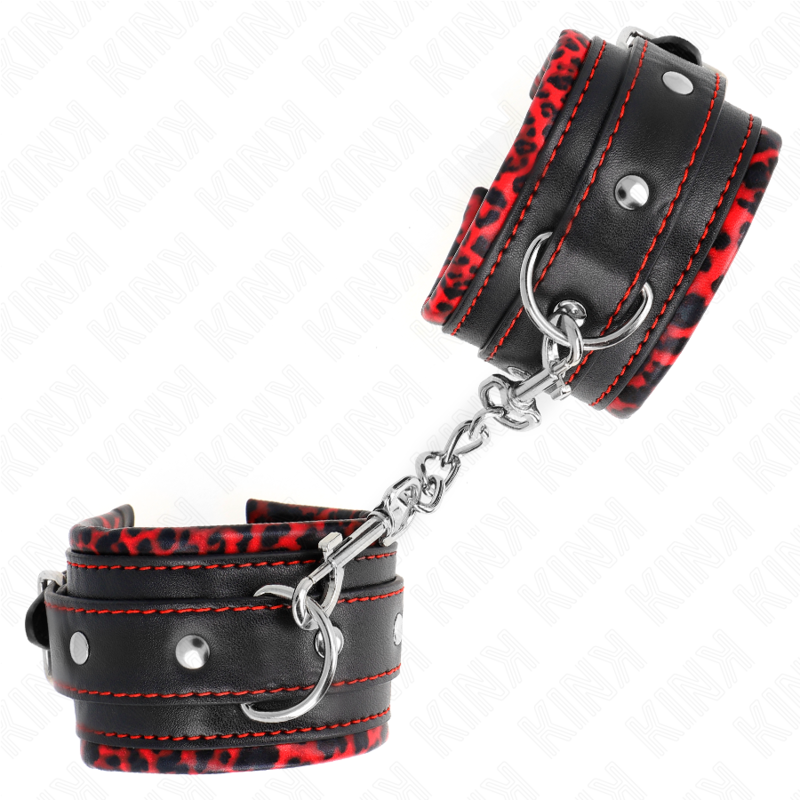 KINK - APPUI-POIGNETS DOUBLÉS DE FOURRURE ROUGE / NOIR RÉGLABLE 17-29 CM X 6 CM – Image 2