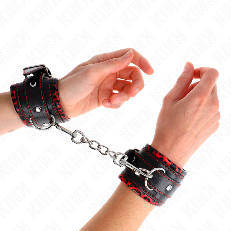 KINK - APPUI-POIGNETS DOUBLÉS DE FOURRURE ROUGE / NOIR RÉGLABLE 17-29 CM X 6 CM – Image 4