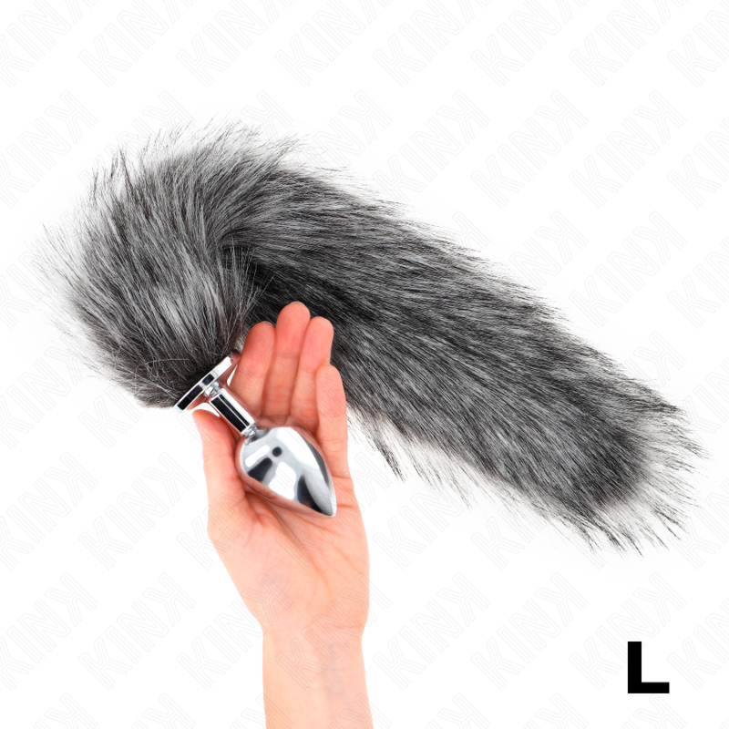 KINK - PLUG ANAL TAILLE L 10 X 4 CM AVEC QUEUE SYNTHÉTIQUE 40 CM GRIS – Image 4