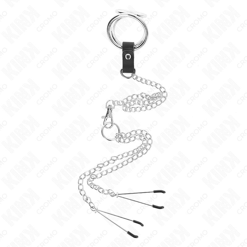 KINK - ANNEAU PÉNIS EN MÉTAL TRIPLE CHROME 3 CM À 4,5 CM AVEC CHAÎNE EN MÉTAL DE 26 CM ET PINCES À TÉTONS – Image 3