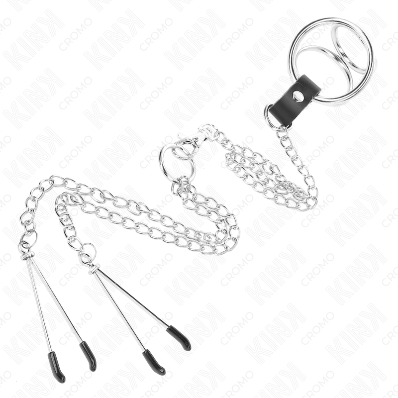 KINK - ANNEAU PÉNIS EN MÉTAL TRIPLE CHROME 3 CM À 4,5 CM AVEC CHAÎNE EN MÉTAL DE 26 CM ET PINCES À TÉTONS – Image 4