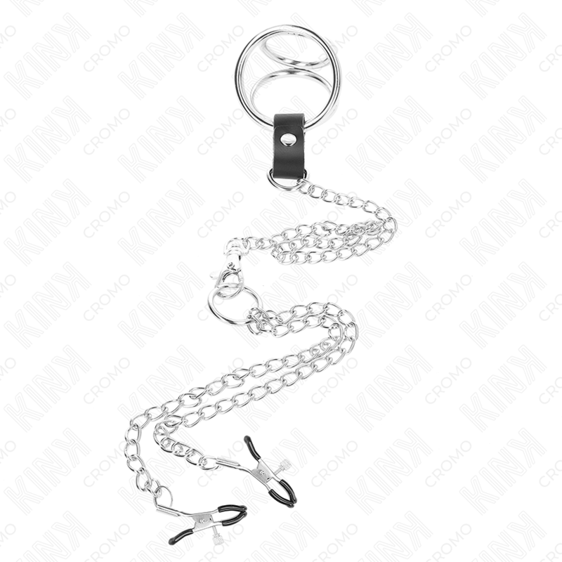 KINK - ANNEAU PÉNIS EN MÉTAL TRIPLE CHROME 3,8 CM À 5 CM AVEC CHAÎNE EN MÉTAL DE 26 CM ET PINCES À TÉTONS MODÈLE 1 – Image 3