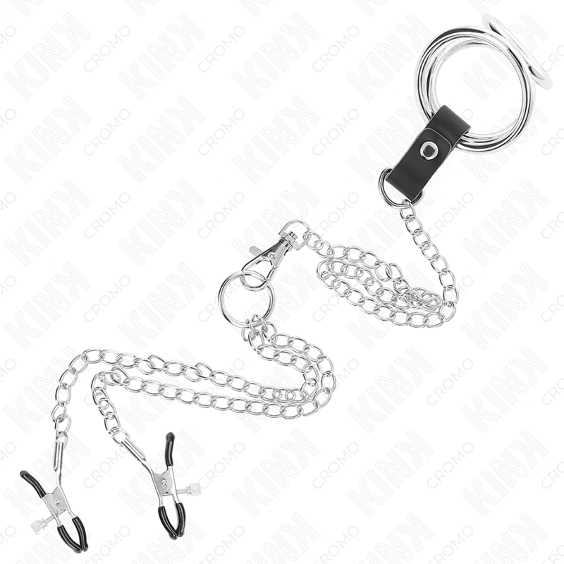 KINK - ANNEAU PÉNIS EN MÉTAL TRIPLE CHROME 3,8 CM À 5 CM AVEC CHAÎNE EN MÉTAL DE 26 CM ET PINCES À TÉTONS MODÈLE 1 – Image 5