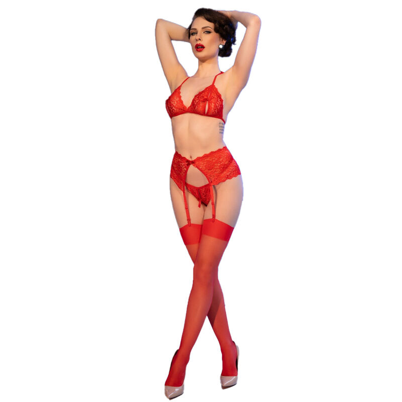 CHILIROSE - CR 4848 ENSEMBLE SOUTIEN-GORGE + STRING + BAS DENTELLE ROUGE M – Image 4