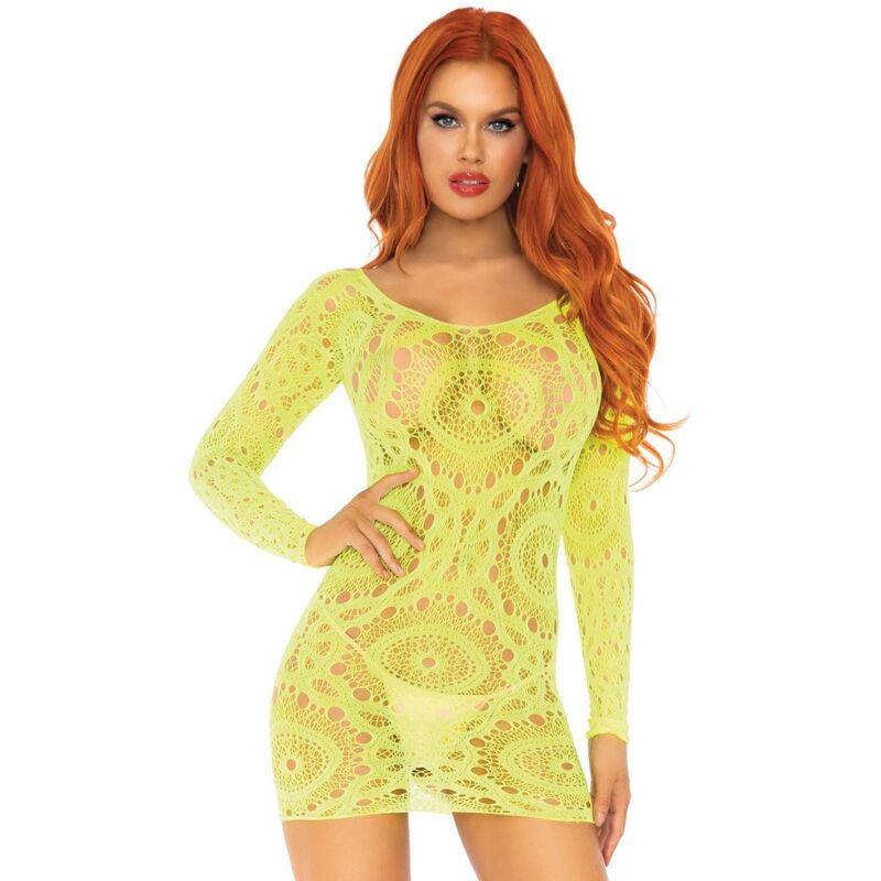 LEG AVENUE - MINI ROBE EN DENTELLE CROCHET MANCHES LONGUES NÉON TAILLE UNIQUE – Image 2