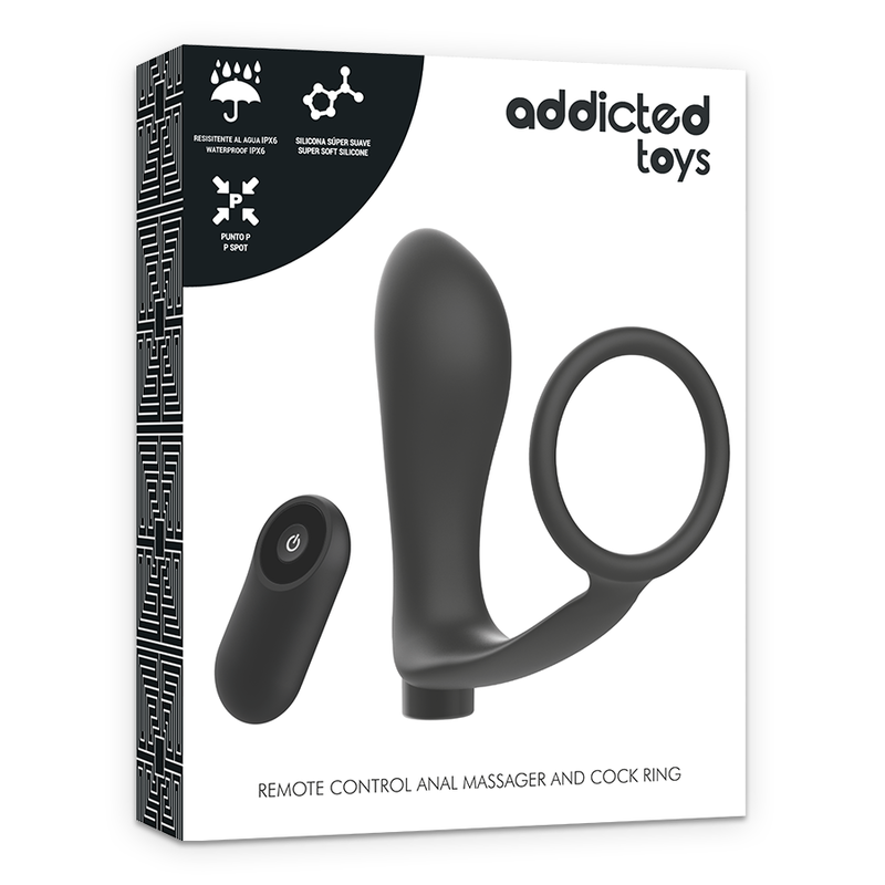 ADDICTED TOYS - ANNEAU PÉNIS AVEC TÉLÉCOMMANDE PLUG ANAL NOIR RECHARGEABLE – Image 7